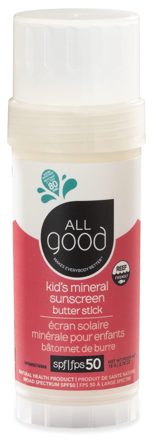 All Good Baby & Kids Mineral Sunscreen Butter Stick for Face, Nose, Ears - UVA/UVB Broad Spectrum SPF 50, Coral Reef Friendly, Water Resistant, Zinc Oxide, Coconut Oil, Beeswax, Vitamin E (2.75 oz)
