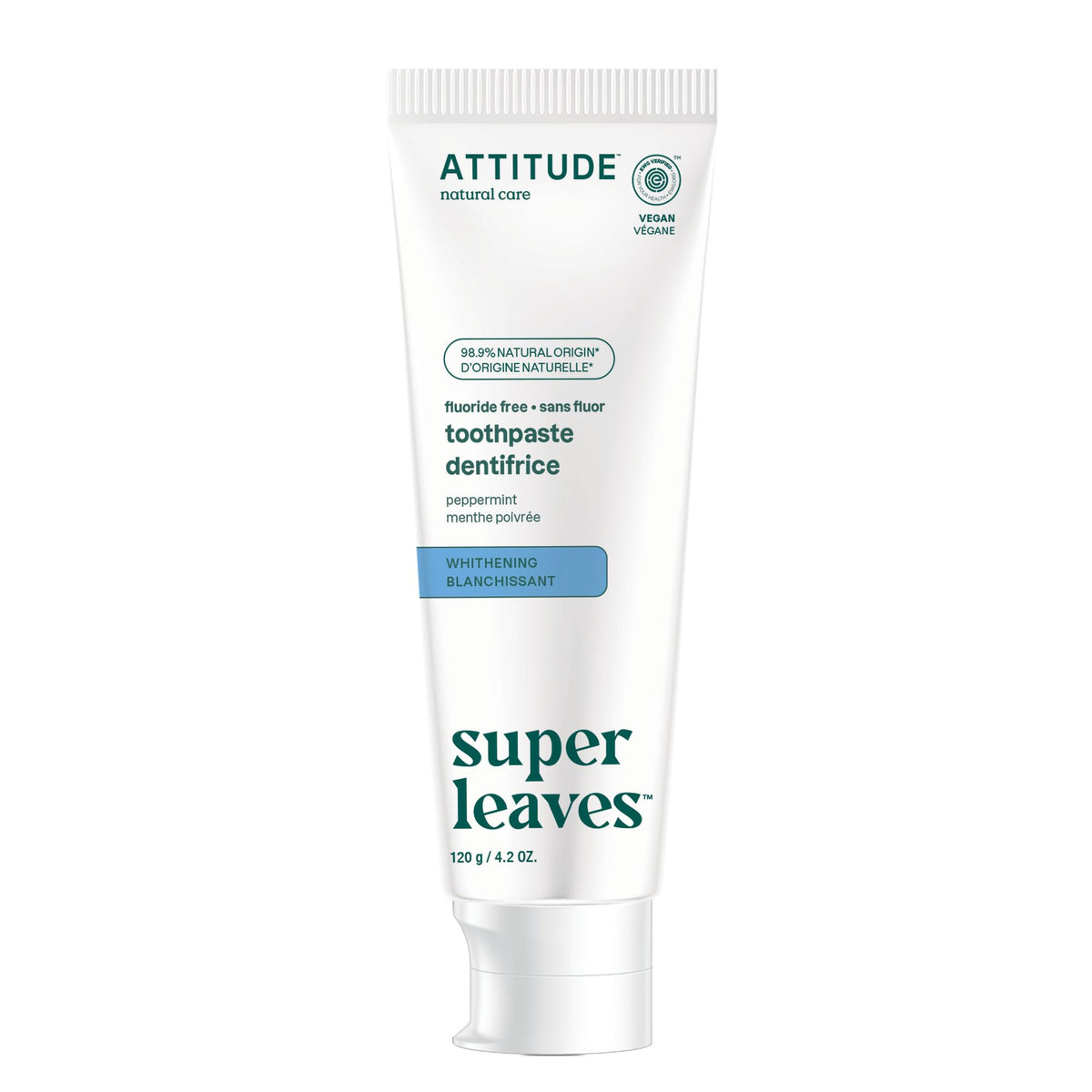 ATTITUDE Fluoride-Free Whitening Toothpaste, Peppermint Flavor, EWG Verified, Vegan, Sugar-Free, Plant & Mineral-Based Ingredients, Clean Oral Care, 120 grams