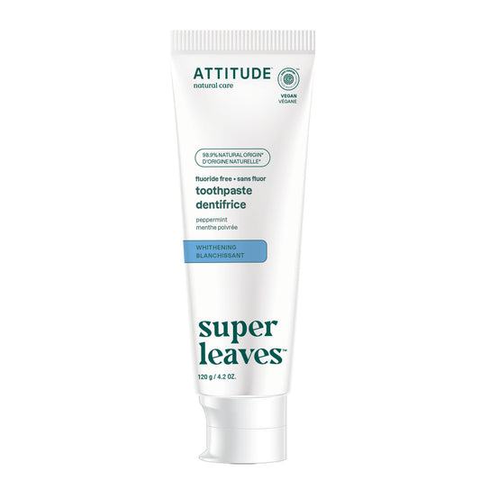 ATTITUDE Fluoride-Free Whitening Toothpaste, Peppermint Flavor, EWG Verified, Vegan, Sugar-Free, Plant & Mineral-Based Ingredients, Clean Oral Care, 120 grams