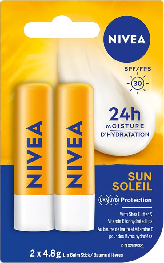 NIVEA Sun Lip Balm SPF 30 Lip Balm Stick, 24-Hour Hydrating Lip Balm with Sun Protecction, Shea Butter and Moisturizing Oils to Soothe Dry Chapped Lips, 2 x 4.8g Stick
