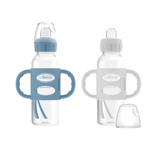 Dr. Brown’s Milestones Narrow Transitional Sippy Bottle with Silicone Handles 8oz 250mL 6m+ Light Blue and Gray 2-Pack