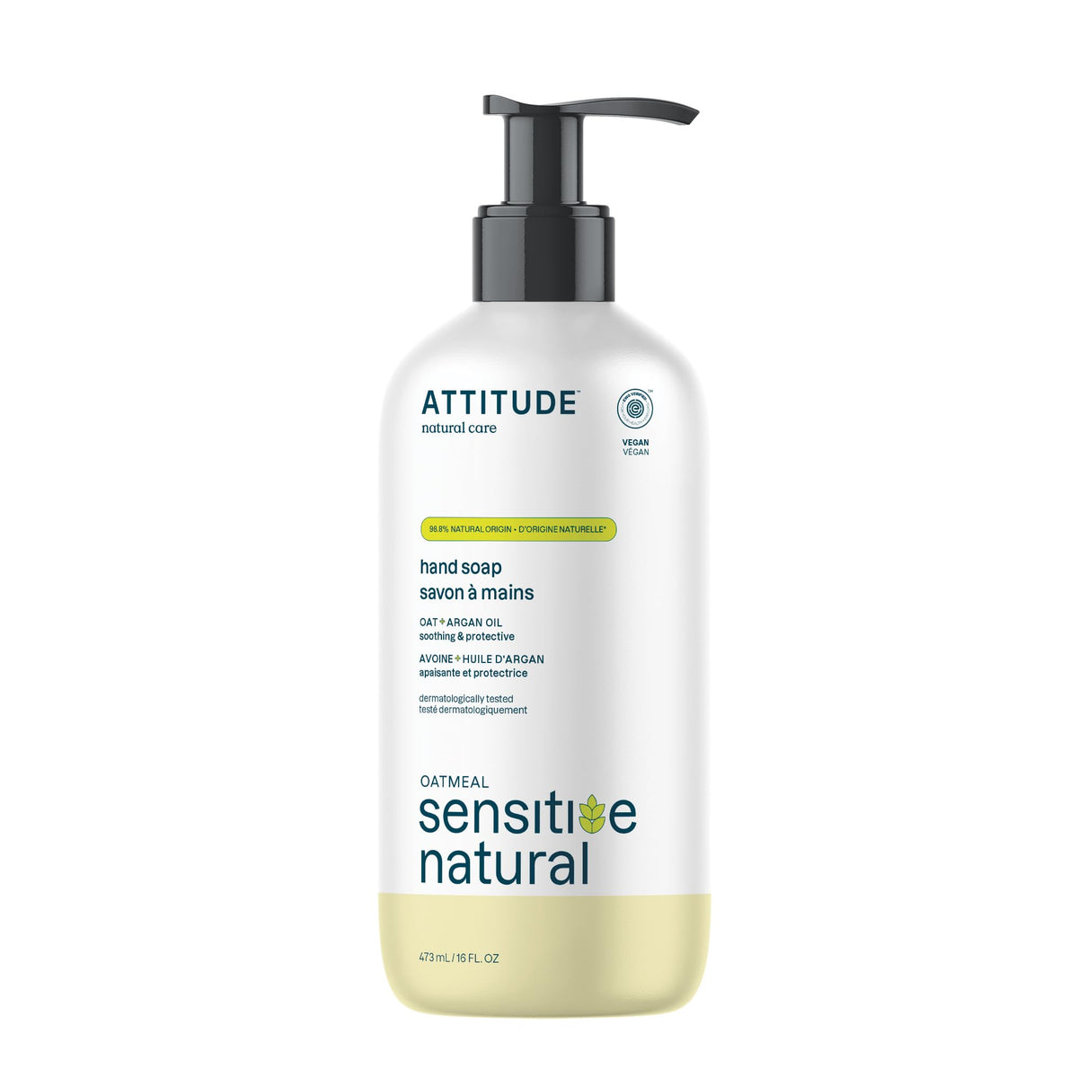 ATTITUDE Hand Soap for Sensitive Skin with Oat and Argan Oil, Made in Canada, EWG Verified, Dermatologically Tested, Vegan, 473 mL