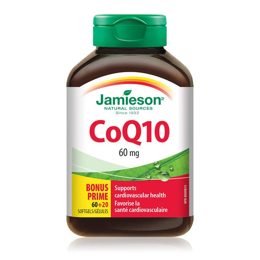 Jamieson CoQ10 60 mg, Coenzyme Q10, Supports Heart Health, and Helps Prevent Migraines. Non-GMO, Gluten-Free, 80 Softgels, Proudly Canadian
