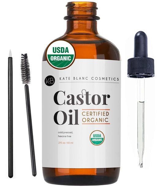 Kate Blanc Cosmetics Castor Oil Organic for Hair, Lashes, Face, Skin (2oz), 100% Pure, Cold Pressed, Hexane Free Hair Oil. Lash Serum for Thicker-Looking Eyelashes & Eyebrows