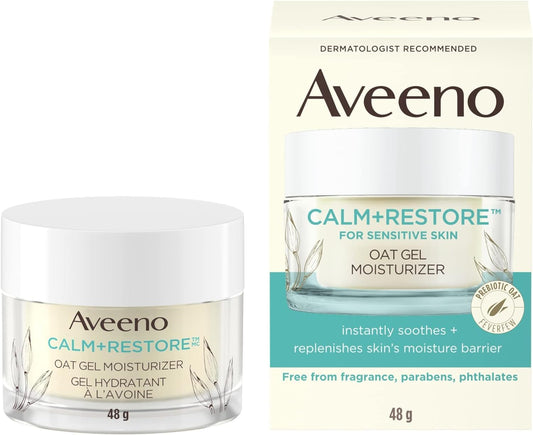 Aveeno Calm + Restore Oat Gel Facial Moisturizer for Sensitive Skin, Lightweight Gel Cream Face Moisturizer with Prebiotic Oat and Feverfew, Hypoallergenic, Fragrance and Paraben-free, 48 Grams