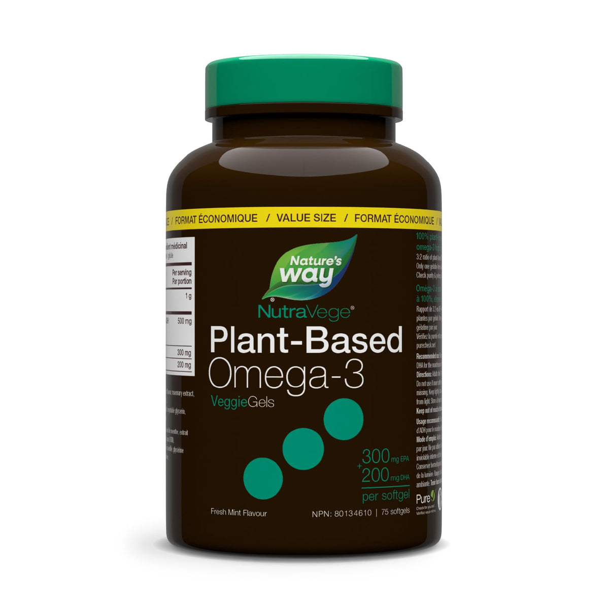 Nature's Way NutraVege Plant-Based Omega-3 Softgels – Vegan-Friendly Omega-3 Supplement with 300mg EPA + 200mg DHA – Fresh Mint Flavour – Support Heart, Eyes and Brain Function - 75 Softgels (Value Size)