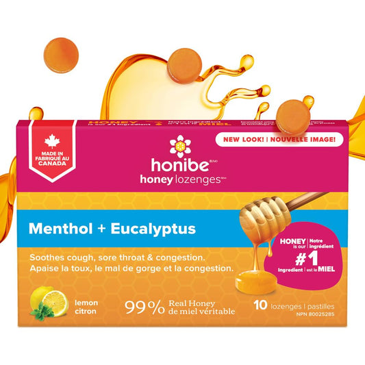 Honibe 100% Pure Honey Lozenges, Made in Canada, Soothes Sore Throat, With Menthol & Eucalyptus, 1 pack (10 lozenges), Natural Lemon