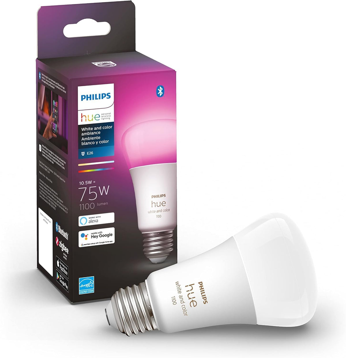 Philips Hue White and Colour Ambiance 10.5W Equivalent 75W A19 Base E26 LED Smart Bulb, Colour Changing, Bluetooth & Zigbee Compatible, Voice Activated with Alexa, Music Sync