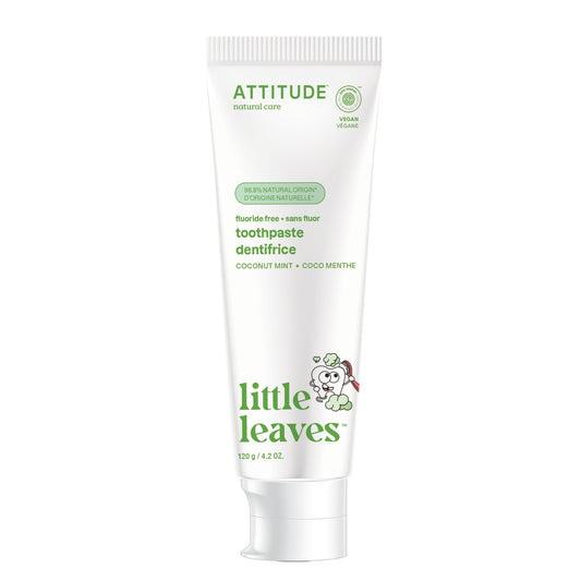 ATTITUDE Kids Fluoride-Free Toothpaste, Made in Canada, Plant- and Mineral-Based Ingredients, Vegan, Cruelty-Free and Sugar-Free, Coconut and MInt 120 grams