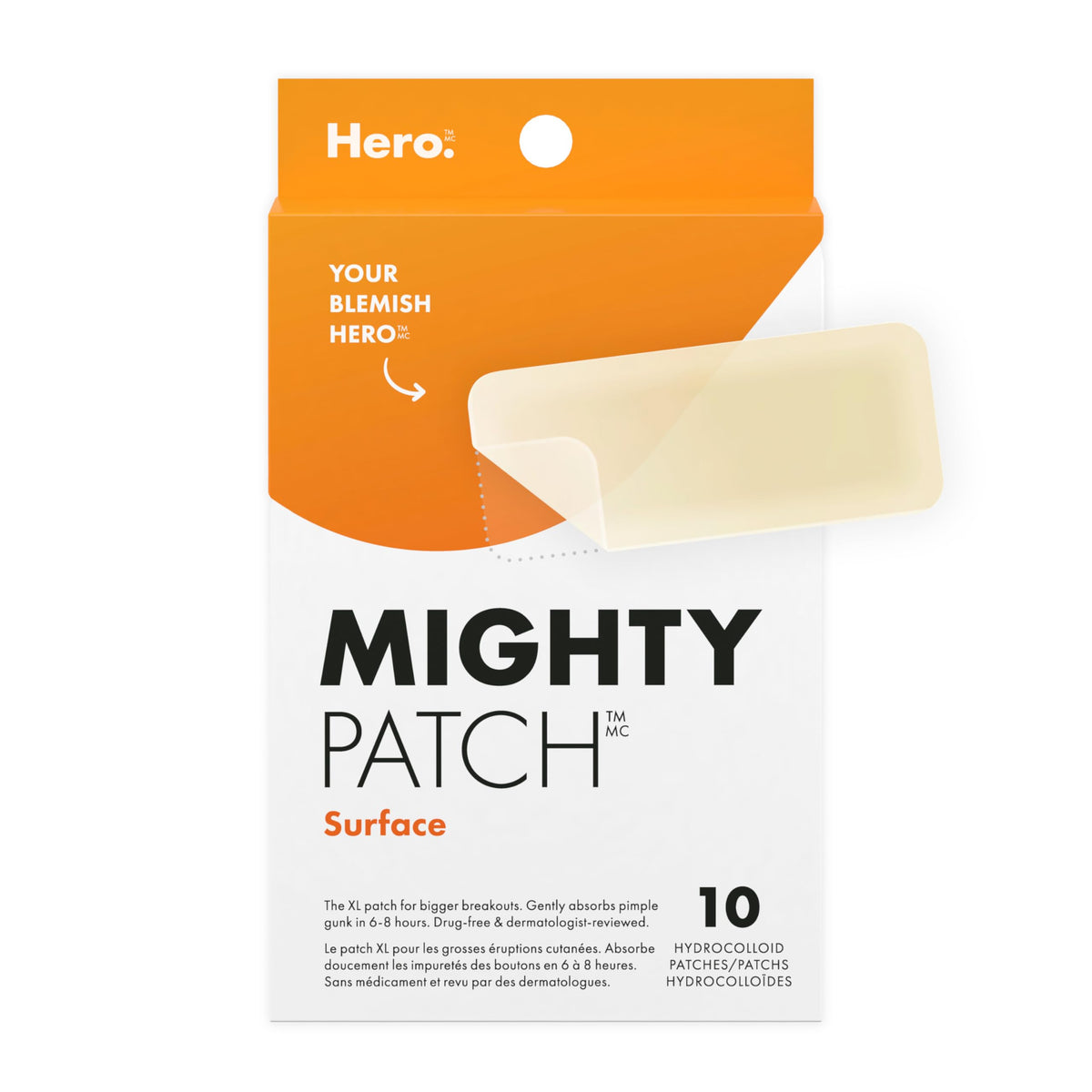 Hero Cosmetics Mighty Patch Surface – Large Hydrocolloid Patch for Pimples on the Body, Back and Face, Suitable for Sensitive Skin, 10 Count