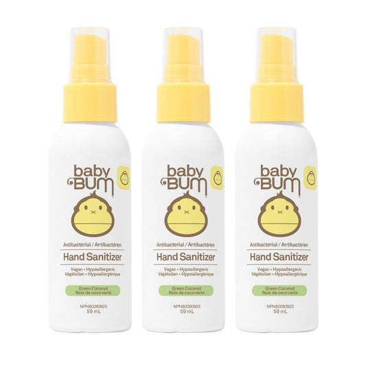Sun Bum Baby Bum Hand Sanitizer Antibacterial Spray I Natural Fragrance Non-Drying Coconut and Aloe Formula I Perfect for Sensitive Skin I Travel Size I 2 Ounce (Pack Of 3), 217.7 Grams , Packaging may vary