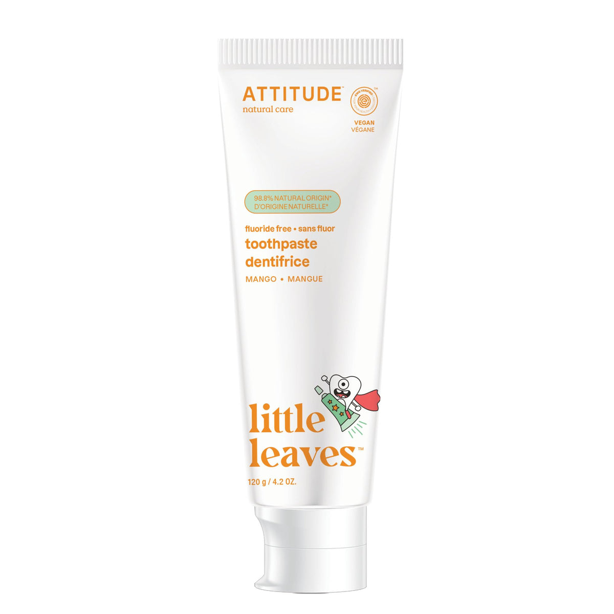 ATTITUDE Kids Fluoride-Free Toothpaste, Made in Canada, Plant- and Mineral-Based Ingredients, Vegan, Cruelty-Free and Sugar-Free, Mango 120 grams