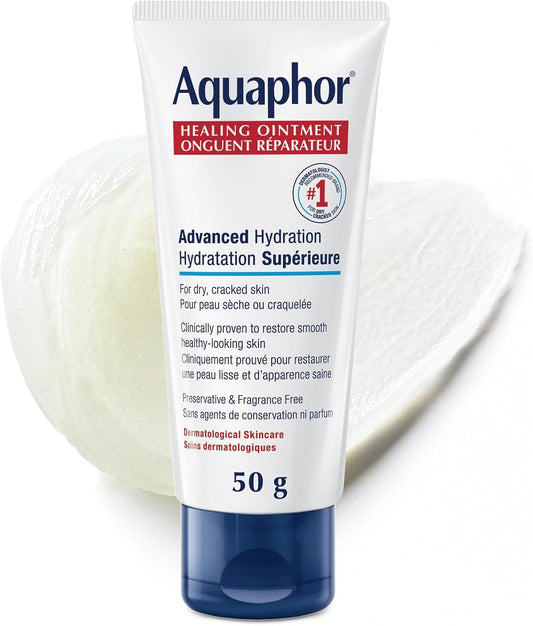 Aquaphor Healing Ointment, Multipurpose Ointment for Dry, Cracked Skin, Chafing, Cuticle Care, Fragrance Free, Non Greasy and Non Comedogenic Body Moisturizer, Dermatological Skin Care, 50g Tube