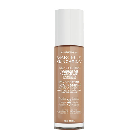 Marcelle Skincaring 2-in-1 Soothing Foundation + Concealer, Medium Beige, with Hyaluronic Acid, Medium Coverage, Matte Finish, Oil-Free, Cruelty-Free, Fragrance-Free, Hypoallergenic, 30 mL