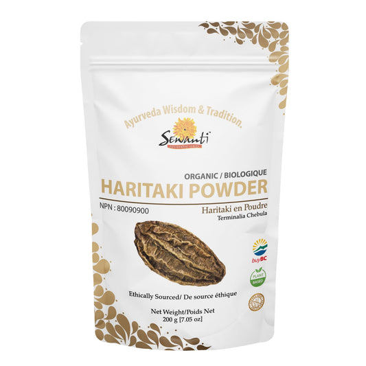 Sewanti Ayurvedic Organic Haritaki Powder - Terminalia Chebula for Constipation Relief, Digestive Wellness & Intestinal Cleanse | NPN 80090900 | GMP Certified | Packaged in Canada, 200g