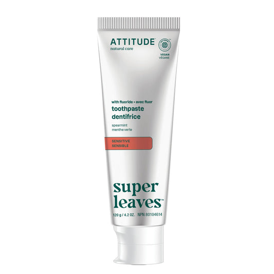 ATTITUDE Sensitive Toothpaste with Fluoride, Spearmint Flavor, Vegan & Cruelty-Free, Sugar-Free, Plant & Mineral-Based Ingredients, Clean Oral Care, 120 grams