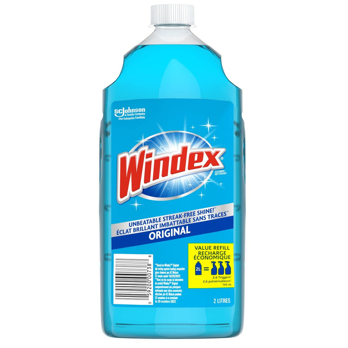 Windex Original Blue Glass, Window, and Mirror Cleaner Refill, Removes Fingerprints, Smudges, and Smears, Surface Cleaner Shine Spray, 2L