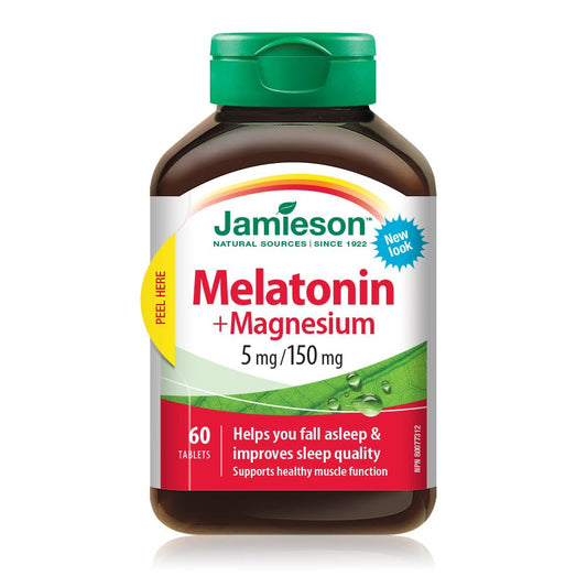 Jamieson Melatonin 5 mg + Magnesium 150 mg, Improves Sleep Quality, Increases Sleep Time, and Supports Healthy Muscle Function. Vegetarian, Gluten-Free, 60 Tablets, Proudly Canadian