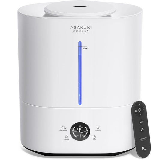 ASAKUKI Humidifiers for Bedroom Large Room, 4L Cool Mist Top Fill Humidifier with LED Display & Oil Diffuser, Humidity Control, Sleep Mode, Ultrasonic Humidifier Quiet for Baby, Kids, Plants, White