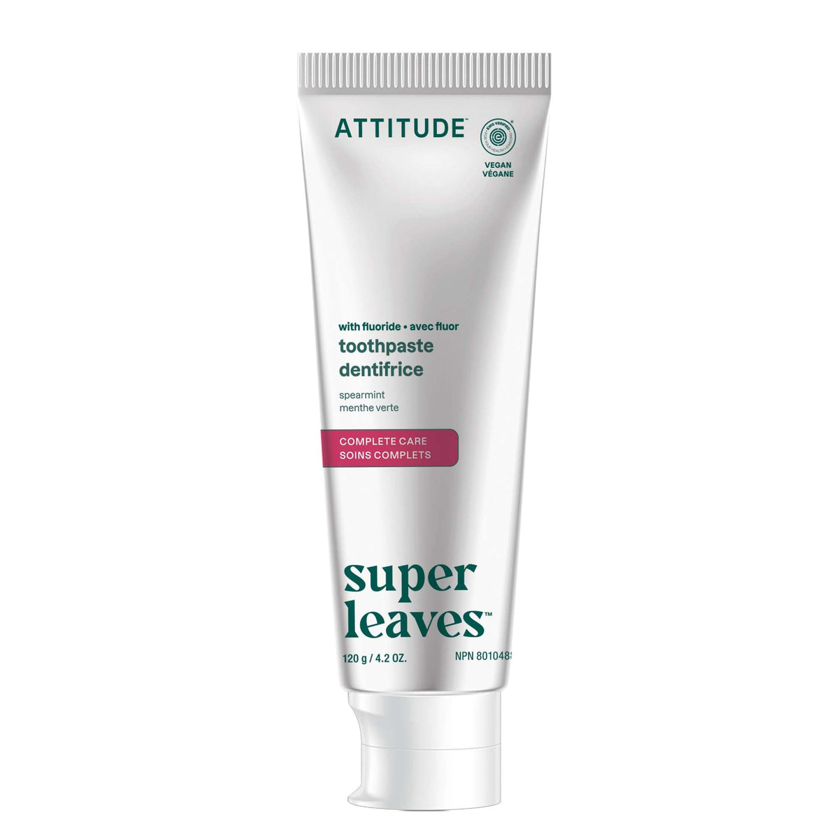 ATTITUDE Complete Care Toothpaste with Fluoride, Spearmint Flavor, EWG Verified, Vegan, Sugar-Free, Plant & Mineral-Based Ingredients, Clean Oral Care, 120 grams
