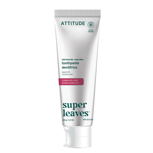 ATTITUDE Complete Care Toothpaste with Fluoride, Spearmint Flavor, Vegan & Cruelty-Free, Sugar-Free, Plant & Mineral-Based Ingredients, Clean Oral Care, 120 grams