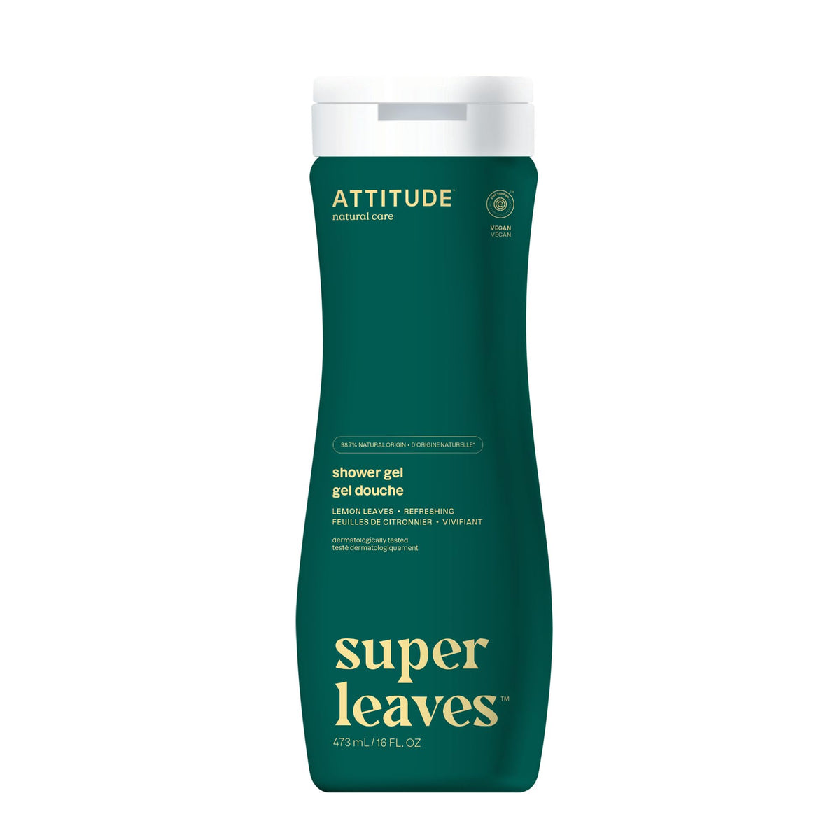 ATTITUDE Body Wash, Made in Canada, EWG Verified Shower Gel, Dermatologically Tested, Plant and Mineral-Based, Vegan Personal Care Products, Lemon Leaves, 473 mL