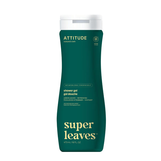 ATTITUDE Body Wash, Made in Canada, EWG Verified Shower Gel, Dermatologically Tested, Plant and Mineral-Based, Vegan Personal Care Products, Lemon Leaves, 473 mL
