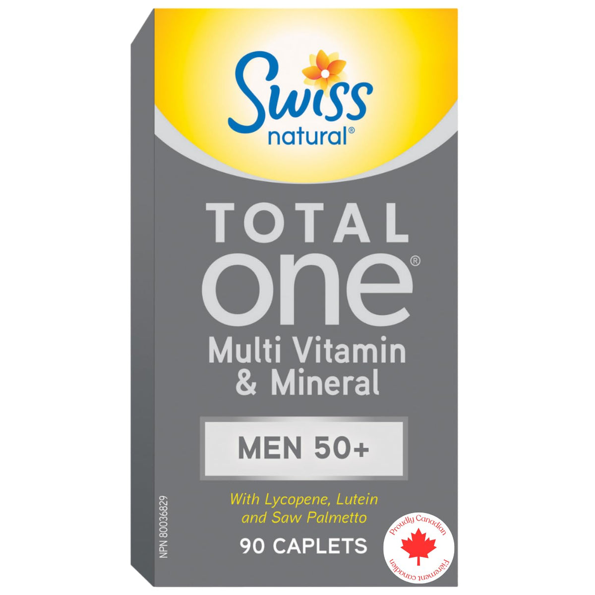 Swiss Natural Total One Multi Vitamin & Mineral | Men 50+ with Lycopene, Lutein and Saw Palmetto | Daily Maintenance for Overall Health | No Preservatives or Dairy | 90 Caplets
