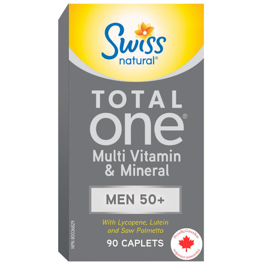 Swiss Natural Total One Multi Vitamin & Mineral | Men 50+ with Lycopene, Lutein and Saw Palmetto | Daily Maintenance for Overall Health | No Preservatives or Dairy | 90 Caplets