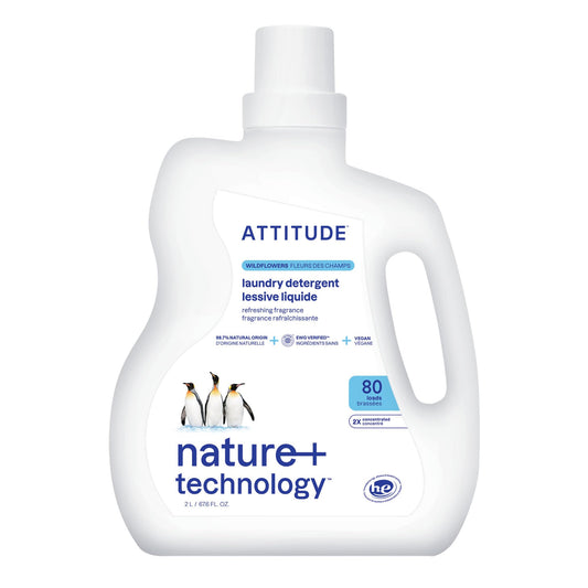 ATTITUDE Liquid Laundry Detergent, EWG Verified, HE Compatible, Plant-Based & Vegan, Laundry Soap, Made in Canada, Wildflowers Scent, 80 Loads, 2 Liters