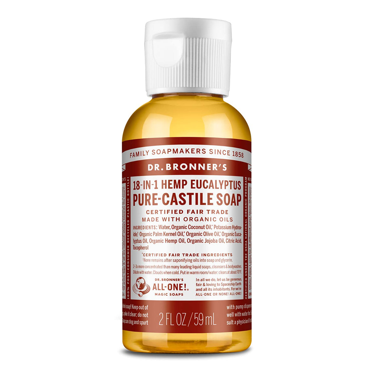 Dr. Bronner’s - Pure-Castile Liquid Soap (Eucalyptus, 59 mL) - Made with Organic Oils, 18-in-1 Uses: Face, Body, Hair, Laundry, Pets and Dishes, Concentrated, Vegan, Non-GMO