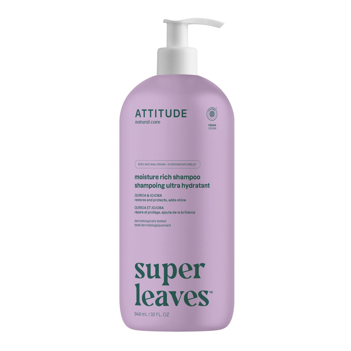 ATTITUDE Moisture Rich Hair Shampoo, Made in Canada, EWG Verified, For Dry and Damaged Hair, Naturally Derived Ingredients, Vegan and Plant Based, Quinoa and Jojoba, 946 mL