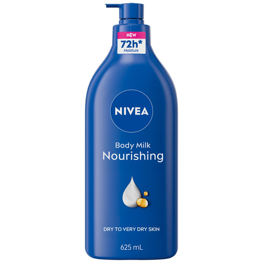 NIVEA Nourishing 72-Hr Hydrating Body Lotion for Very Dry Skin, Body Milk with Hyaluronic Acid and Almond Oil, Non-Greasy and Quick-Absorbing, 625 mL Bottle