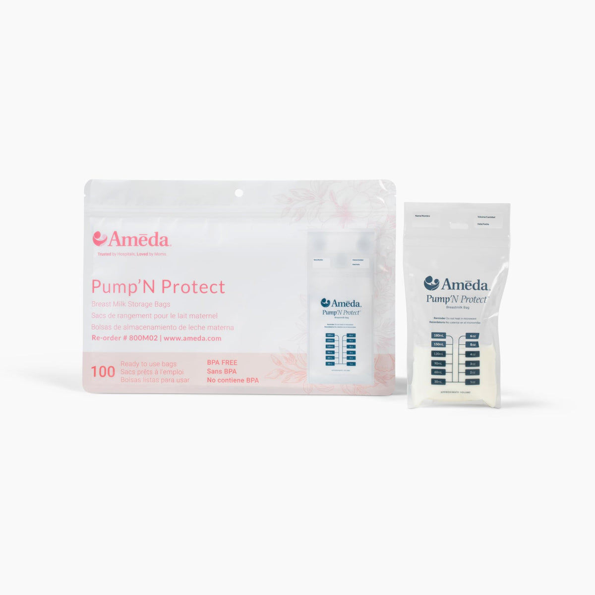 Ameda Resellable Breastmilk Storage Bags (100 Count) | 6oz Breast Milk Storing Bags for Breastfeeding | Pump'N Protect Bags BPA-Free | Doubled-Sealed Milk Bag|Refrigeration and Freezer Storage Pouches