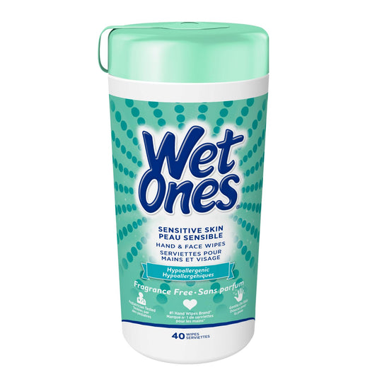Wet Ones Unscented Hand and Face Wipes| Sensitive Skin Travel Wipes |Hypoallergenic| With Cucumber, Chamomile| Gentle on Skin | Alcohol & Scent-free Wet Wipes| Travel Essentials, 40 Count Canister