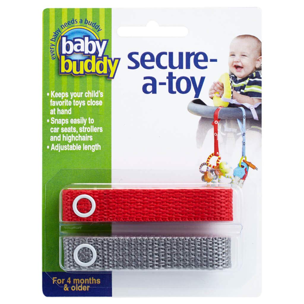 Baby Buddy Secure-a-Toy, Adjustable Pacifier and Teether Strap for Stroller, Highchair, and Car Seat, Red Gray, 2 Pack
