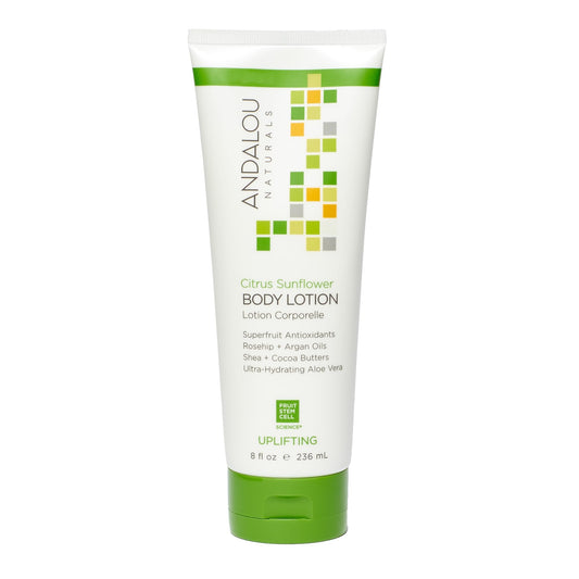 Andalou Naturals Citrus Sunflower Body Lotion - Uplifting All Over Body Lotion with Rosehip, Argan Oils, Shea, Cocoa Butter, and Ultra-Hydrating Aloe Vera, 236 mL.