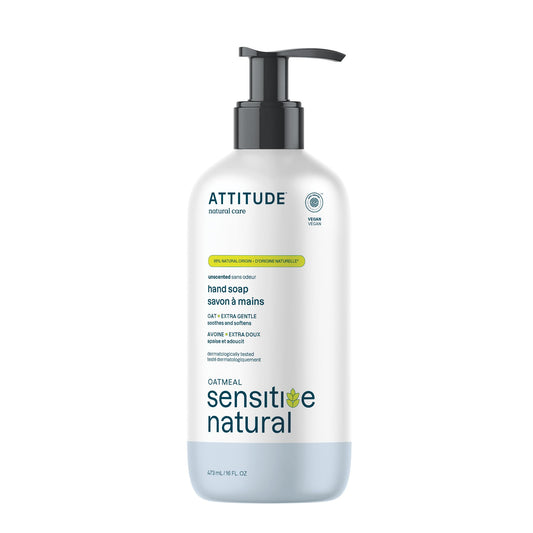 ATTITUDE Hand Soap for Sensitive Skin with Oat, Made in Canada, EWG Verified, Dermatologically Tested, Vegan, Extra Gentle, Unscented, 473 mL