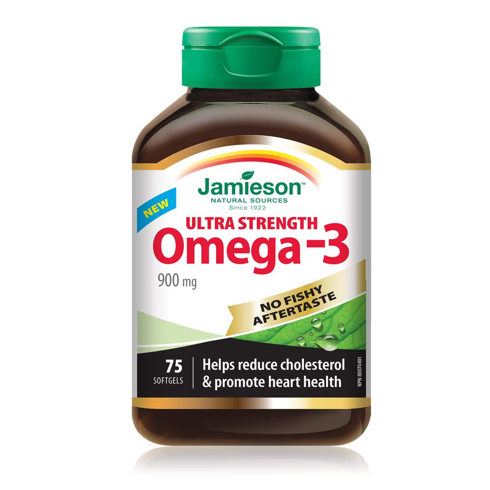 Jamieson Ultra-Strength Omega-3 900 mg, No Fishy Aftertaste, Supports Heart, Brain, and Eye Health, Arthritis Support. High Potency, with EPA and DHA, Non-GMO, Gluten-Free, 75 Softgels, Proudly Canadian