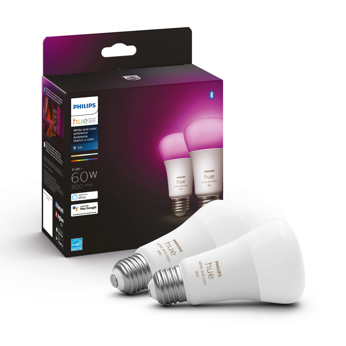 Philips Hue White and Colour Ambiance 9.5W Equivalent 60W A19 Base E26 LED Smart Bulb, Dimmable, Bluetooth & Zigbee Compatible, Voice Activated with Alexa & Google Assistant, 2-Pack