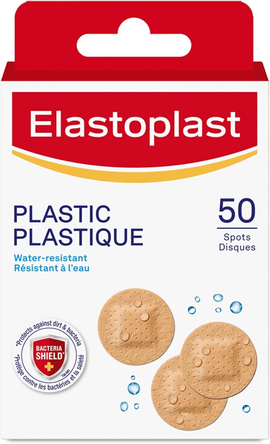 Elastoplast Plastic Water-Resistant Bandages for Small Wound Care and First Aid Kit, Discreet Size, Strong Adhesion, Repel Water and Dirt, Bacteria Shield, First Aid Supplies, 50 Spots, Beige