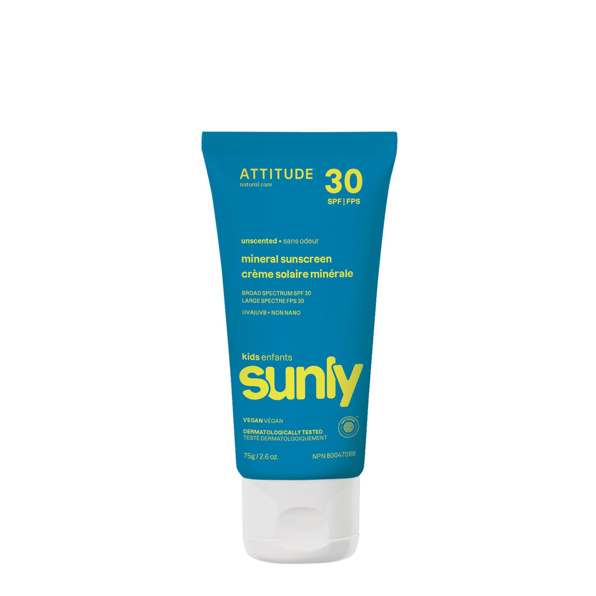 ATTITUDE Mineral Sunscreen for Kids, SPF 30, Made in Canada, EWG Verified,Broad Spectrum UVA/UVB Protection with Zinc Oxide, Dermatologically Tested, Vegan, Unscented, 75 grams