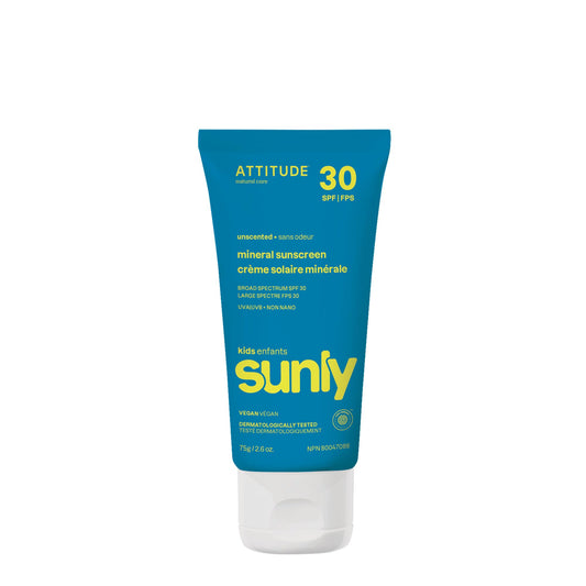ATTITUDE Mineral Sunscreen for Kids, SPF 30, Made in Canada, EWG Verified,Broad Spectrum UVA/UVB Protection with Zinc Oxide, Dermatologically Tested, Vegan, Unscented, 75 grams