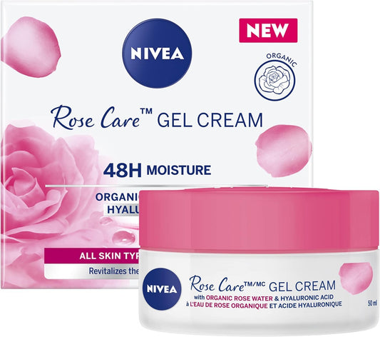 NIVEA Rose Care Gel Cream, 48-Hour Hydrating Face Cream for All Skin Types, Rose Water and Hyaluronic Acid Moisturizer for Face, Dermatologically-Tested Skin Care, 50mL