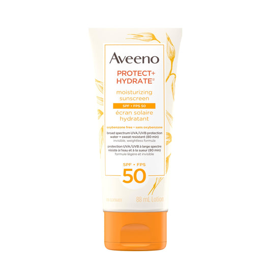 Aveeno Protect & Hydrate Face Sunscreen Lotion SPF 50 - Broad Spectrum UVA/UVB Protection with Oat Formula - Water Resistant, Non-Comedogenic Moisturizing Cream for Sensitive Skin, 88 mL