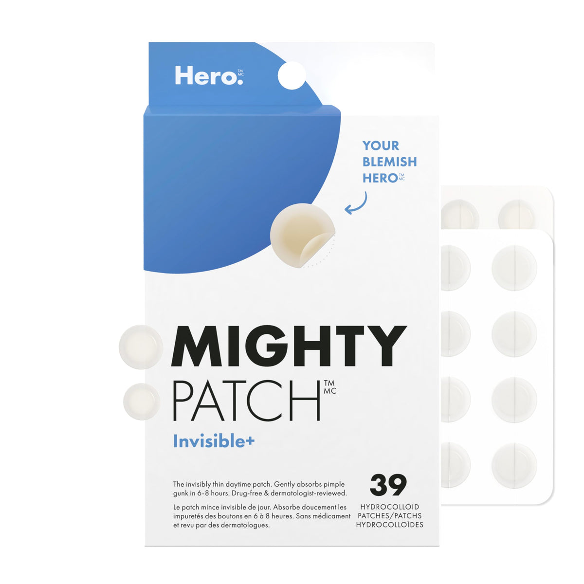 Hero Cosmetics Mighty Patch Invisible+ – Barely-there Hydrocolloid Patch for Pimples on the Face, Day-time Patches for Sensitive Skin, 39 Count