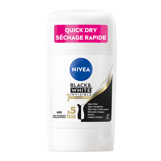 NIVEA Black & White Invisible 48H Protection Silky Smooth Anti-Perspirant Stick, 51g