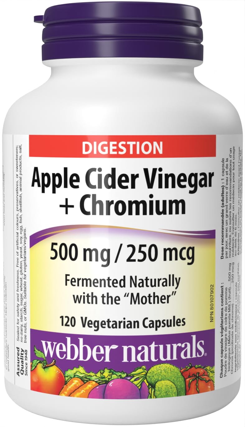 Webber Naturals Apple Cider Vinegar with Chromium, 120 Capsules, Fermented Naturally with The Mother, Digestive Support, Sugar Free, Vegan