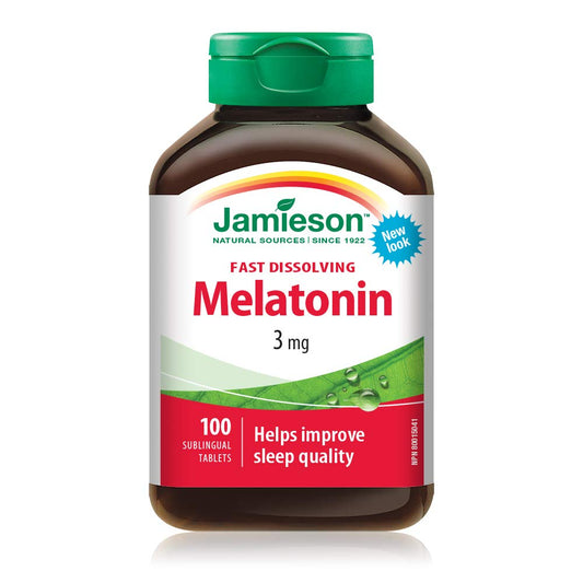 Jamieson Melatonin 3 mg, Fast-Dissolving, Improves Sleep Quality, Increases Sleep Time, and Helps Reset the Body's Sleep-Wake Cycle. Vegetarian, Non-GMO, Gluten-Free, 100 Sublingual Tablets, Proudly Canadian