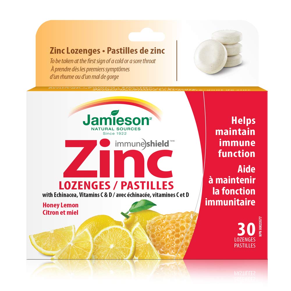 Jamieson Zinc Lozenges Honey Lemon Flavour, with Echinacea, Vitamin C and Vitamin D3, Soothes Sore Throat, and Provides Cold and Flu Symptom Relief. Gluten-Free, No Artificial Colours, Flavours or Preservatives, 30 Count, Proudly Canadian
